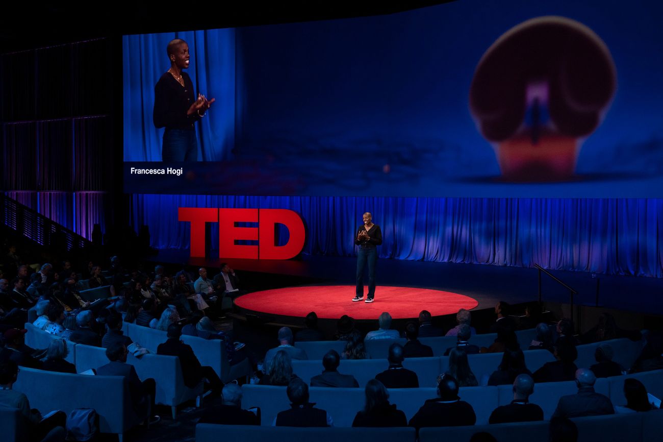 Francesca Hogi on the TED stage in front of a full auditorium